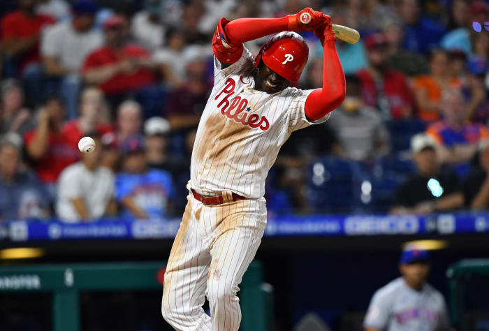 Didi Gregorius is hit by a pitch in August against the New York Mets.
